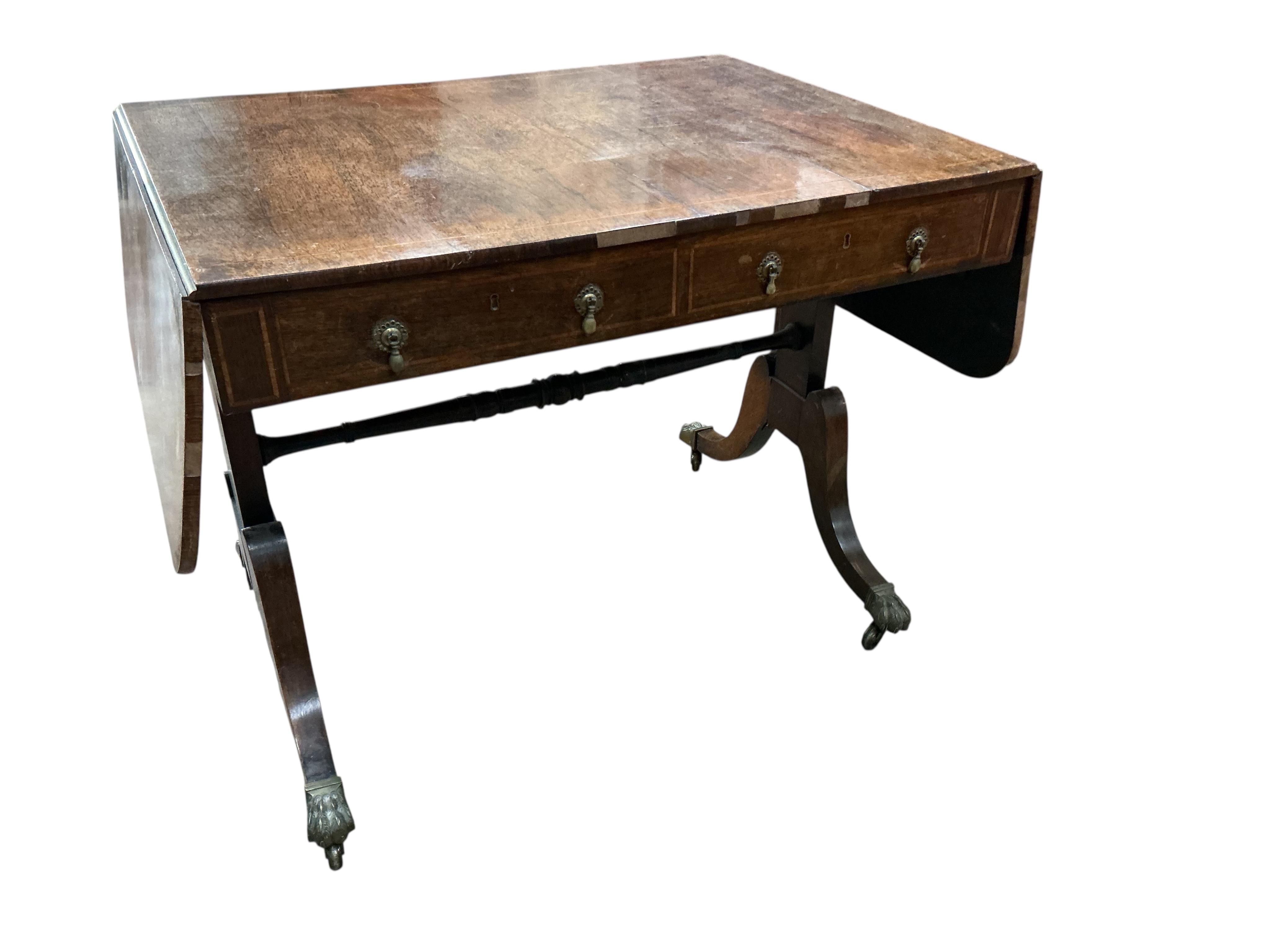 A Regency banded rosewood sofa table, width 92cm, depth 68cm, height 73cm